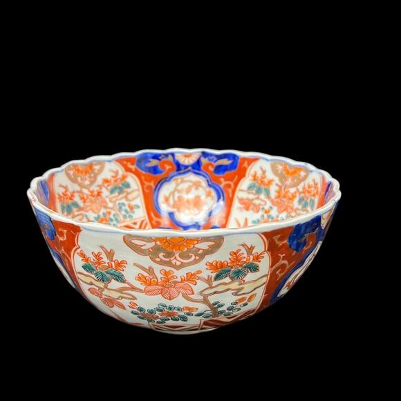 Imari Style Porcelain Bowl Blue Red Floral Scalloped Edge Vintage 4.25 Tall - Picture 4 of 14
